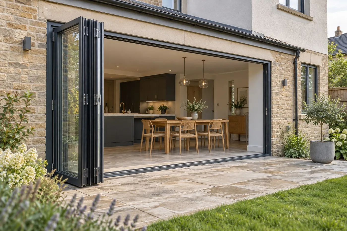 Grey aluminium bi-fold doors folded open from a kitchen extension onto a patio