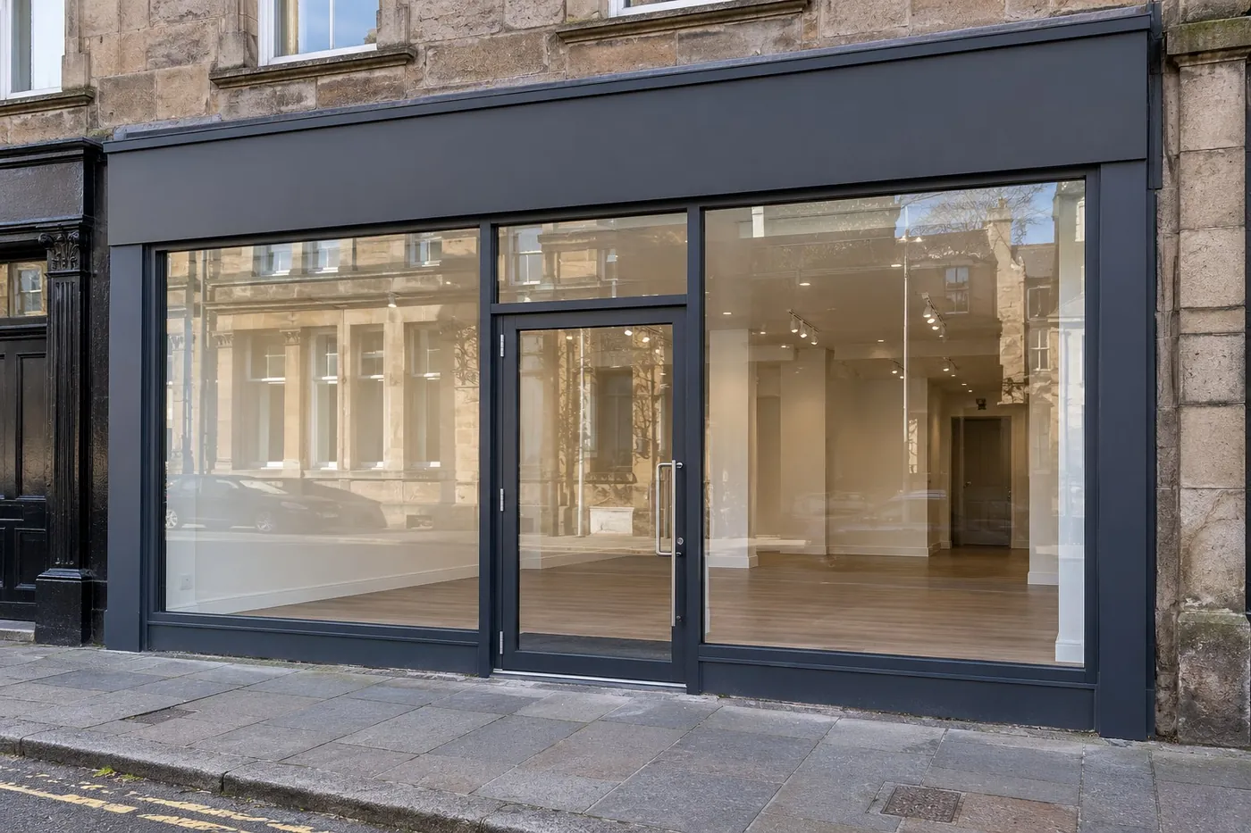 Grey aluminium shopfront with large glass panes and a glazed entrance door in a sandstone building