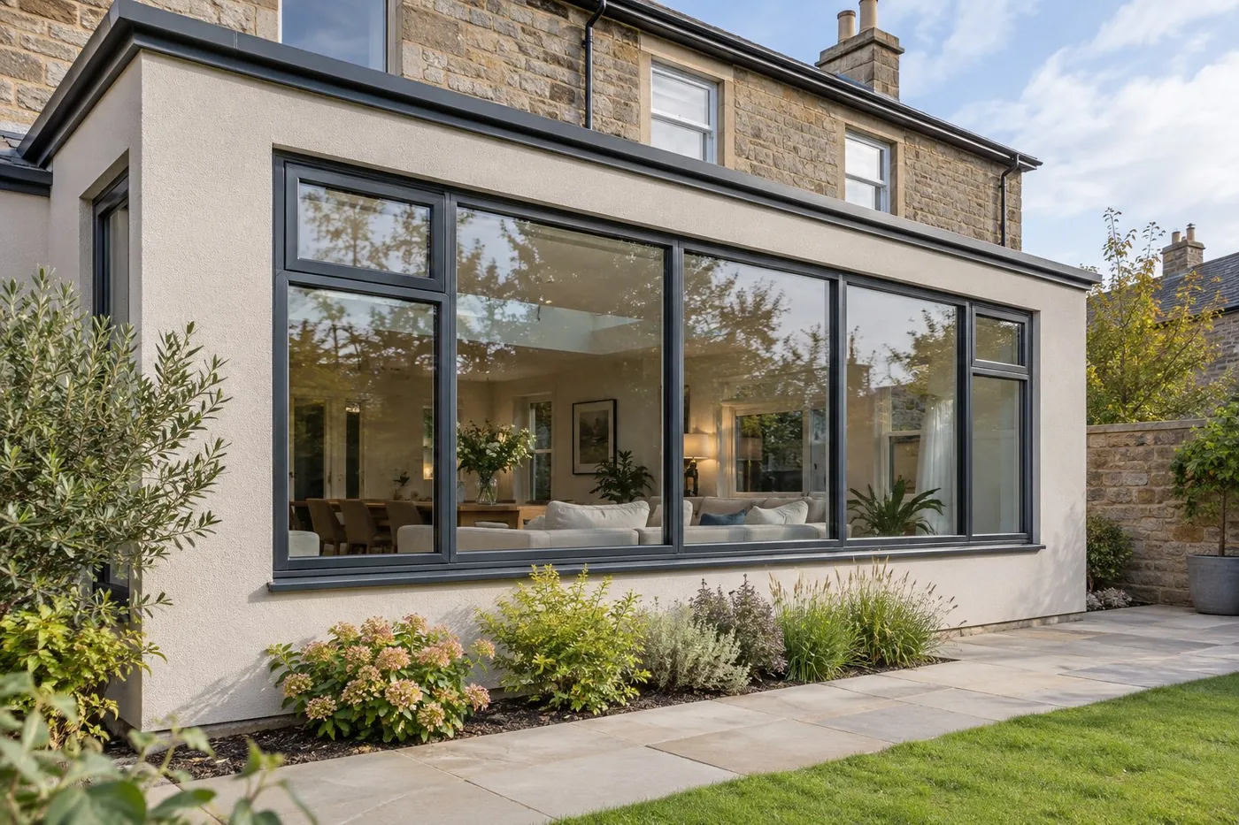 Anthracite grey aluminium windows across a rendered rear extension on a sandstone house