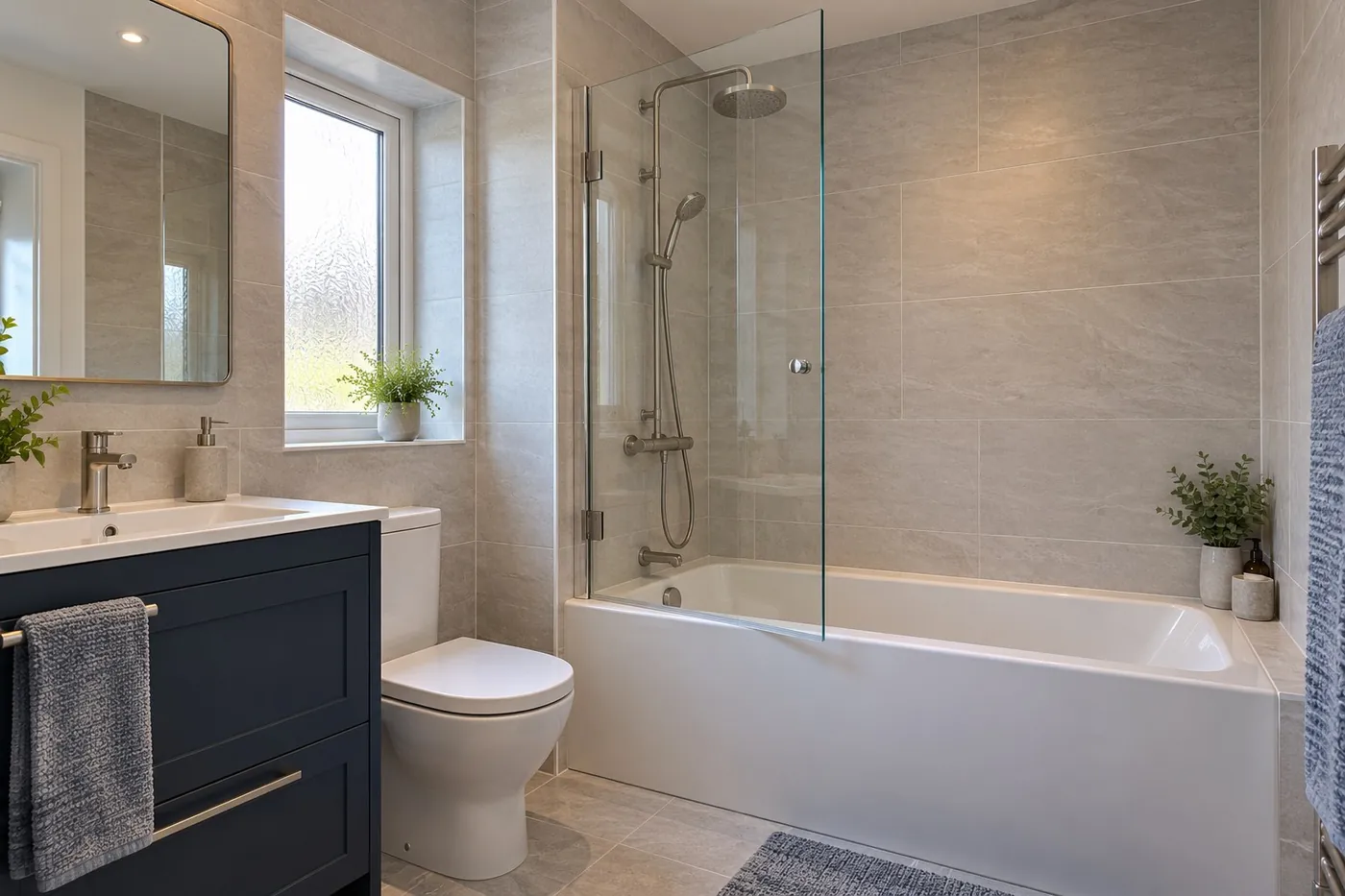 Hinged clear glass bath screen in a grey-tiled bathroom