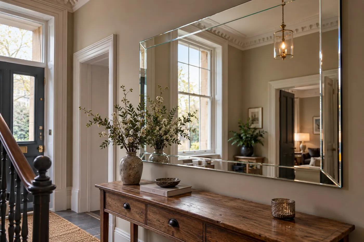 Large frameless bevelled wall mirror above a console table in a period hallway
