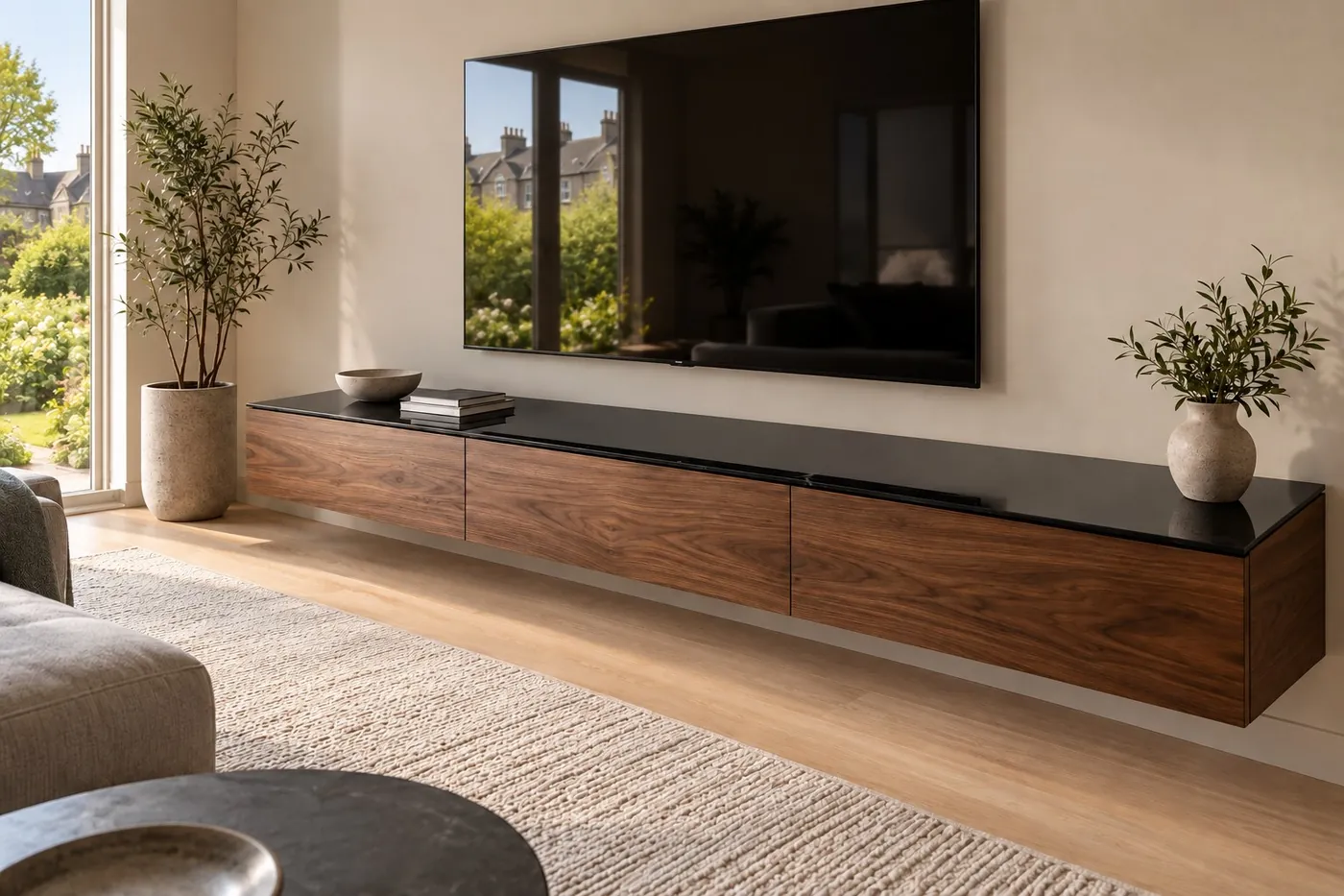 Black toughened glass top on a floating walnut TV unit