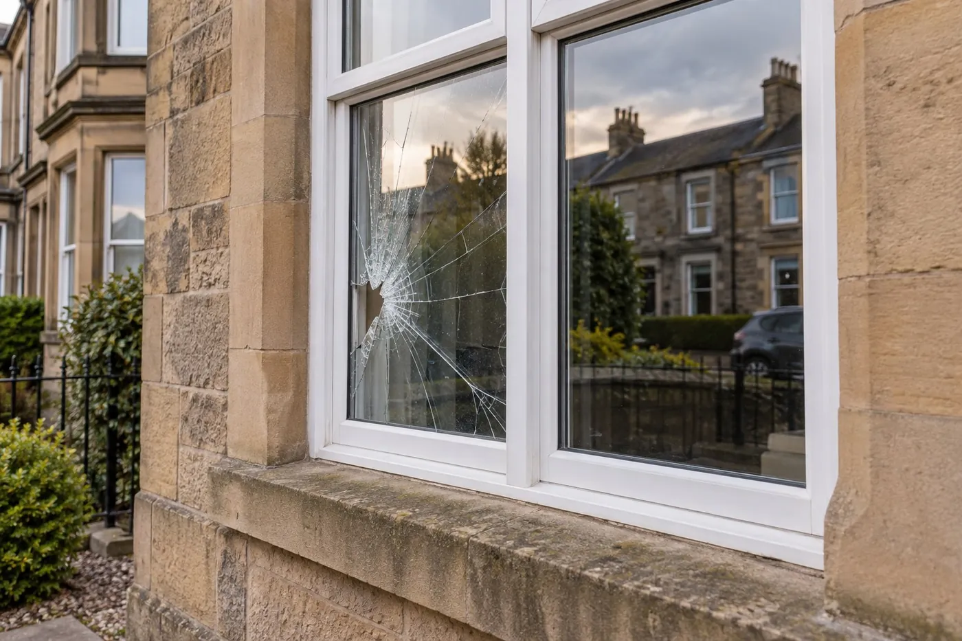 Cracked pane in a white uPVC window on a sandstone house, awaiting replacement glass