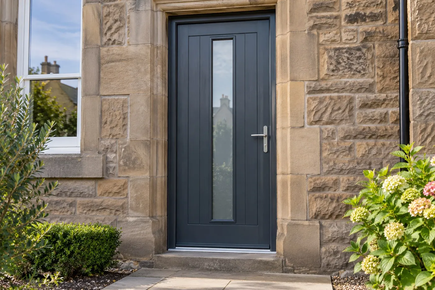 Anthracite grey composite front door with a tall glazed panel, set in a sandstone doorway