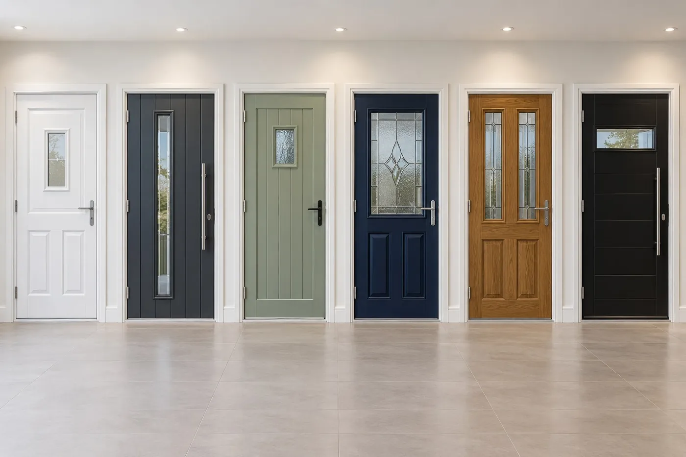 Six composite front doors in different colours and styles on display in a showroom