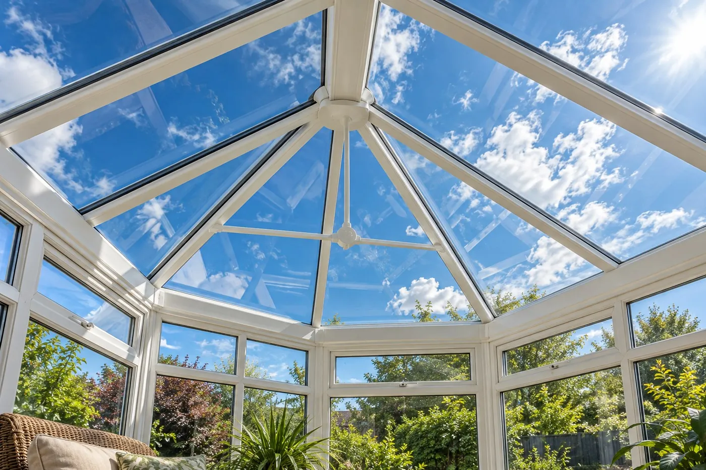 Glass conservatory roof and white uPVC frames seen from inside