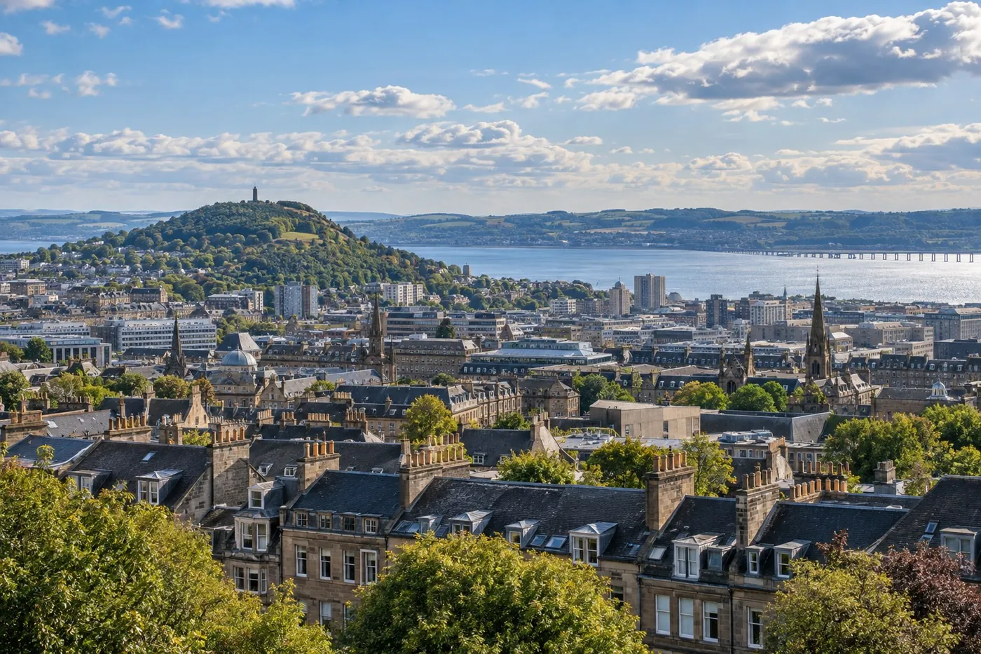View over Dundee rooftops to the Law and the River Tay with the Tay Rail Bridge