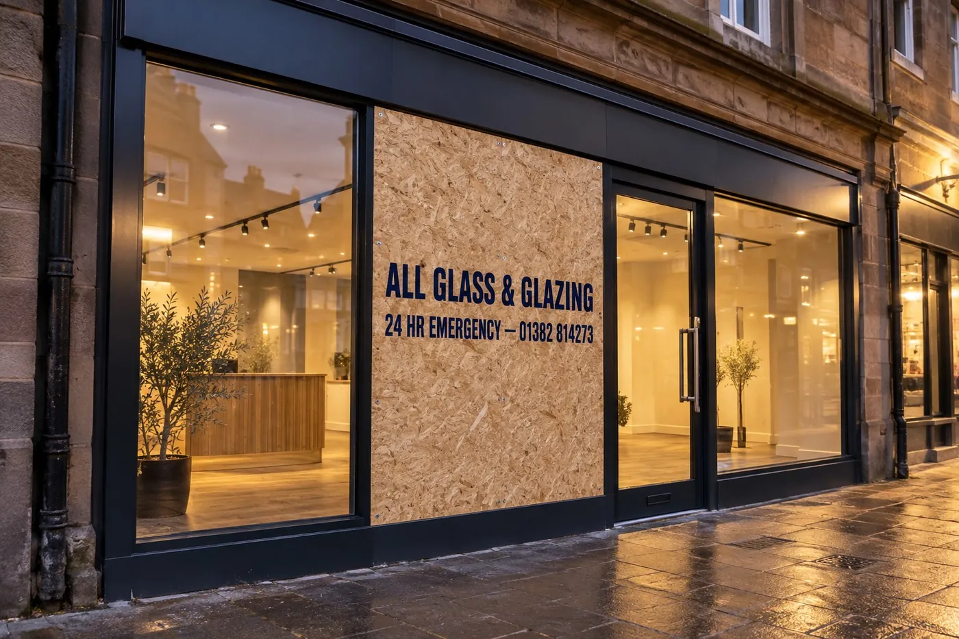 Shopfront with one pane boarded up and made secure until replacement glass is fitted