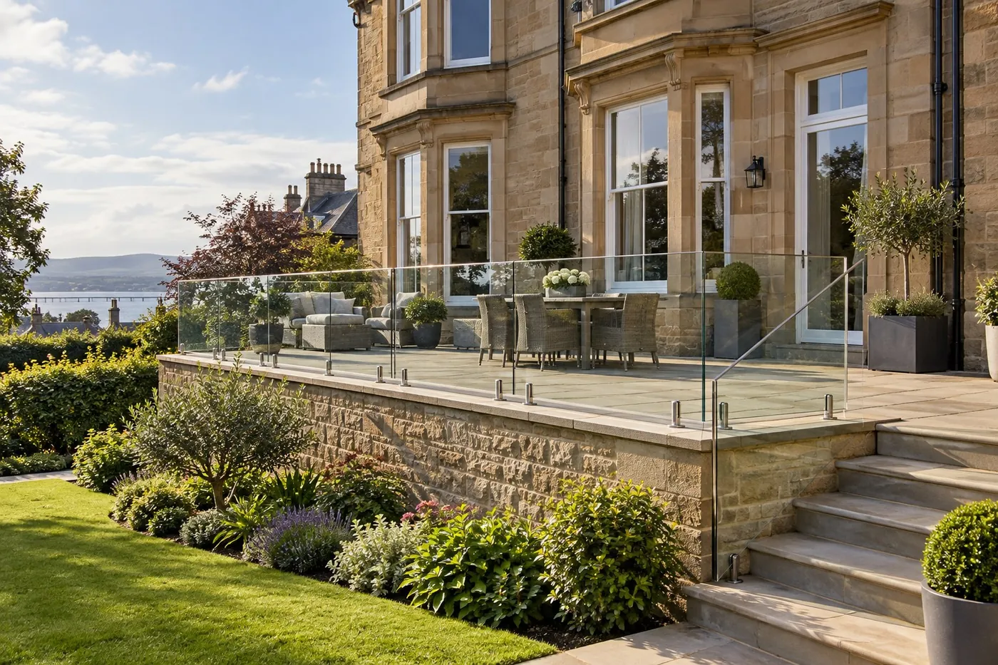 Frameless glass balustrade with steel spigots around a raised sandstone garden terrace
