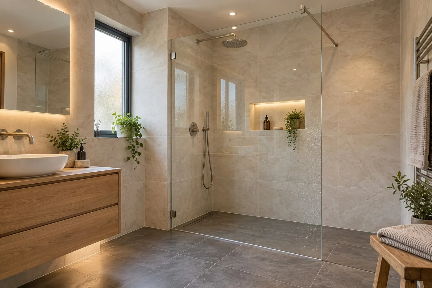 Frameless walk-in shower screen with a support bar in a stone-tiled bathroom
