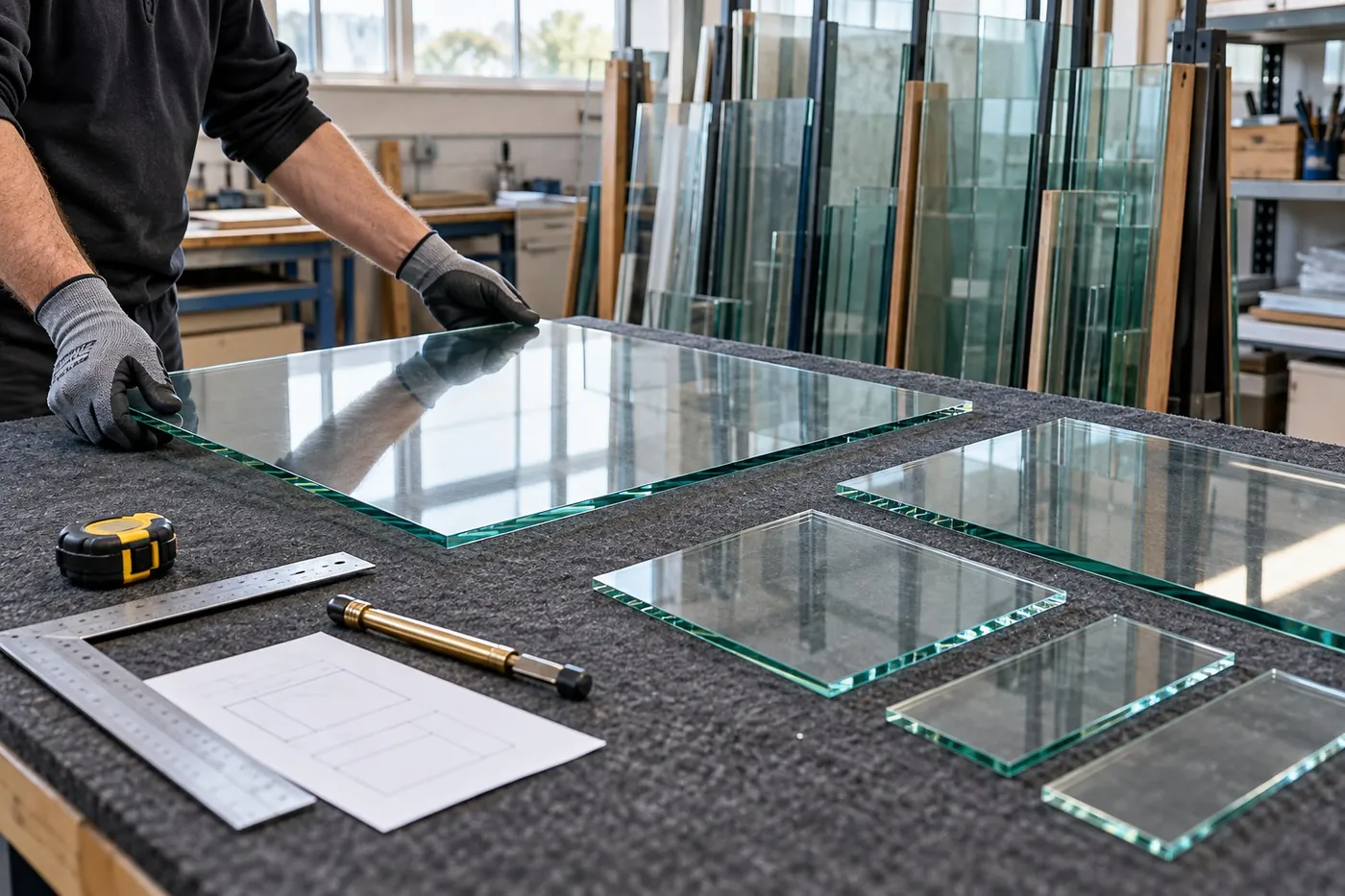 Glazier handling clear glass cut to size on a workshop table, with glass racks behind