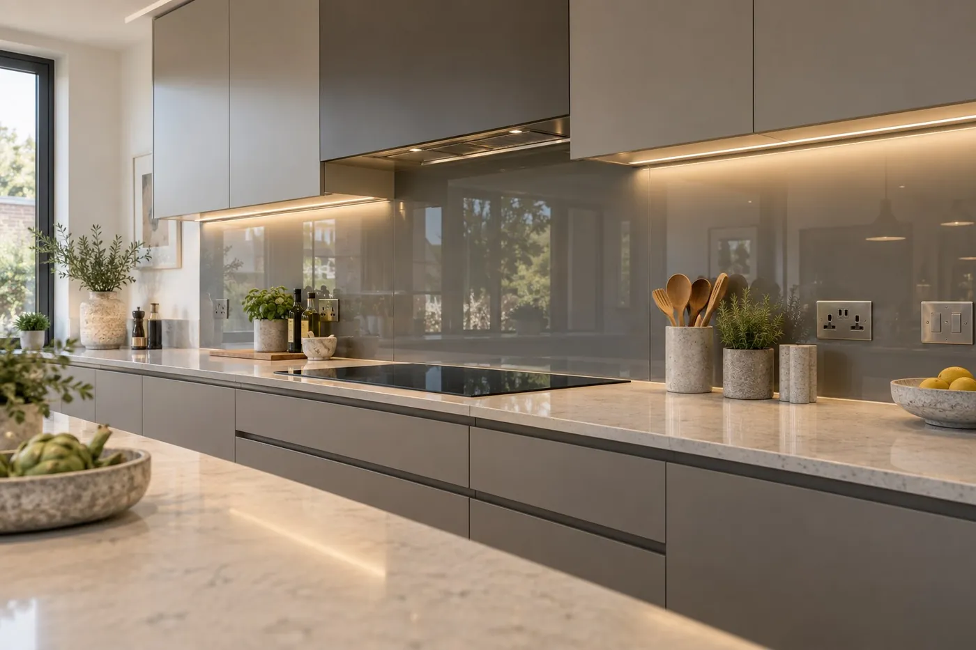 Grey toughened glass splashback behind a hob in a modern kitchen