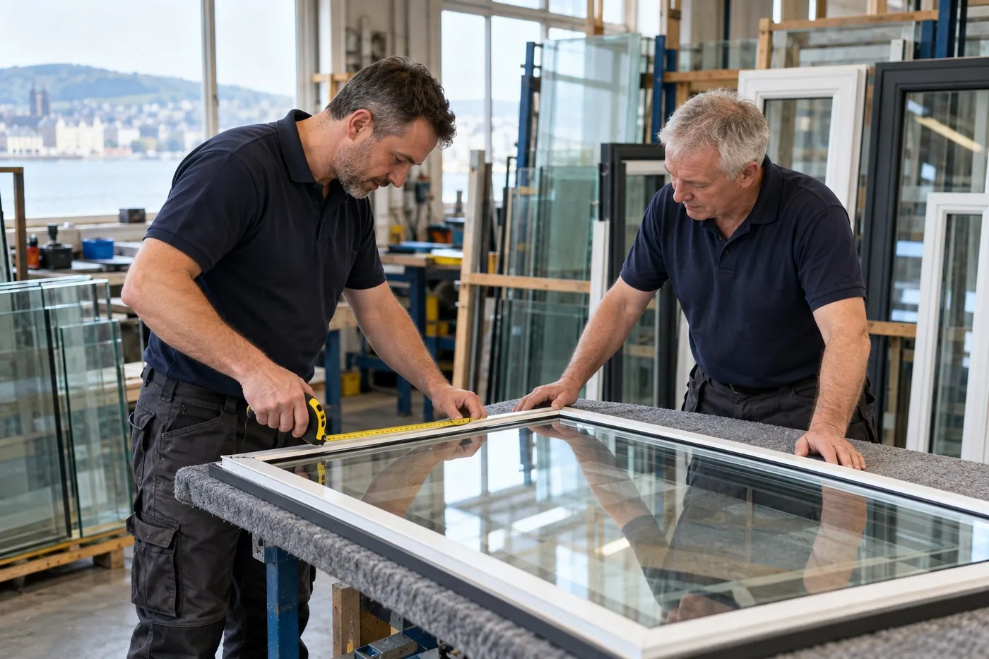 Two glaziers measuring a glazed window frame on a workshop table, with glass racks behind