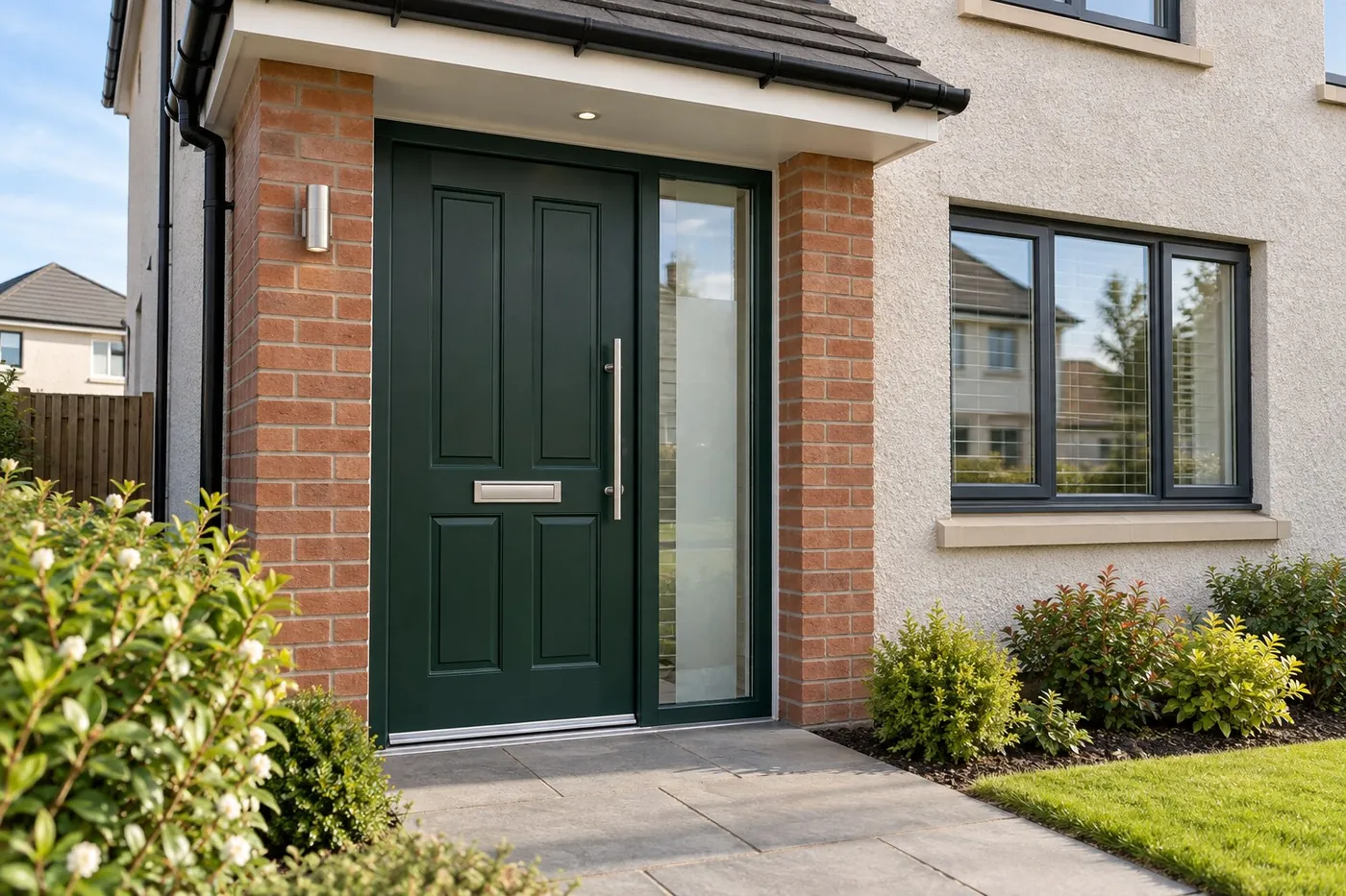 Dark green composite front door with a glazed side panel under a brick porch