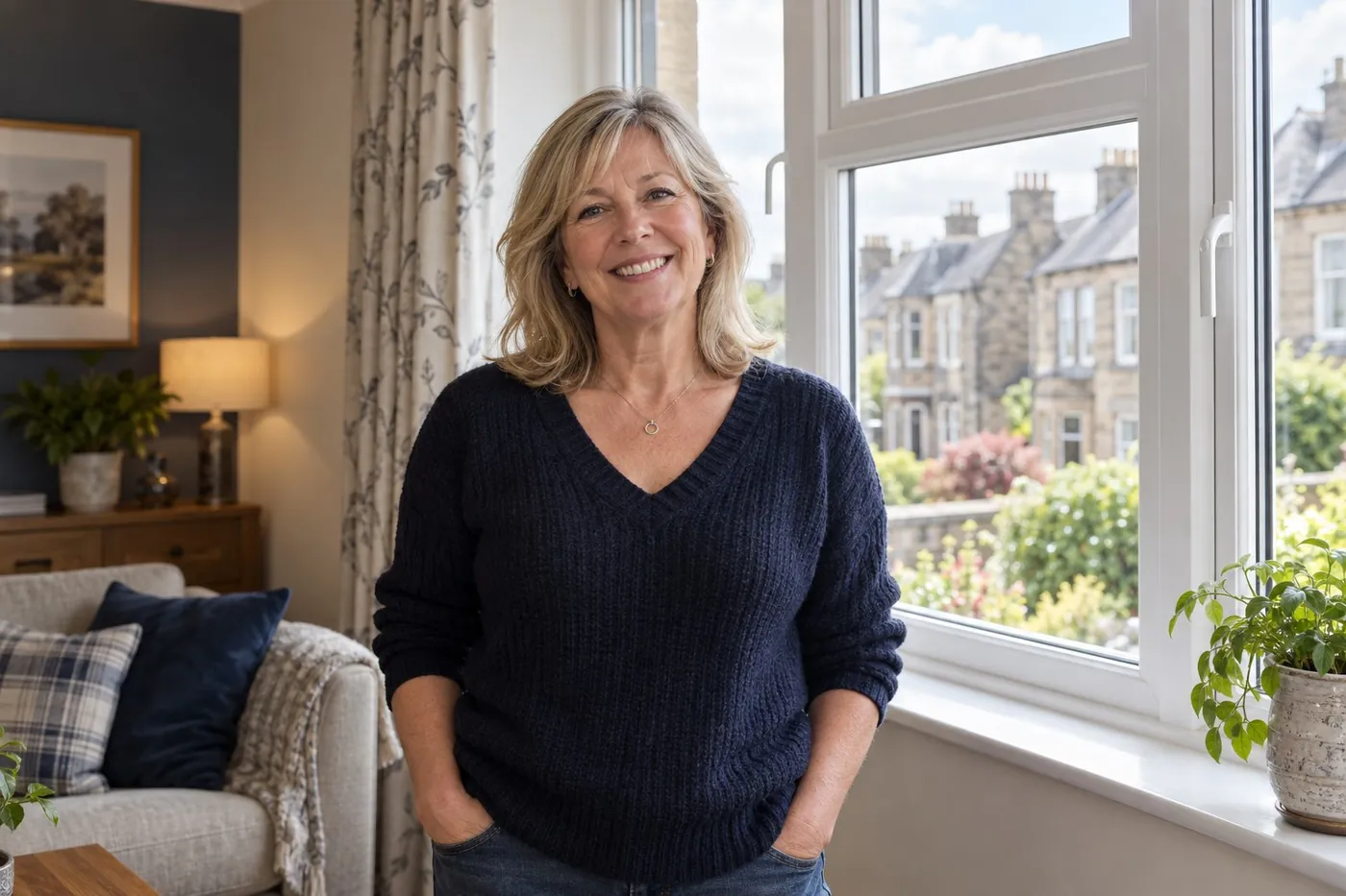 Smiling homeowner standing beside new white uPVC windows in her living room