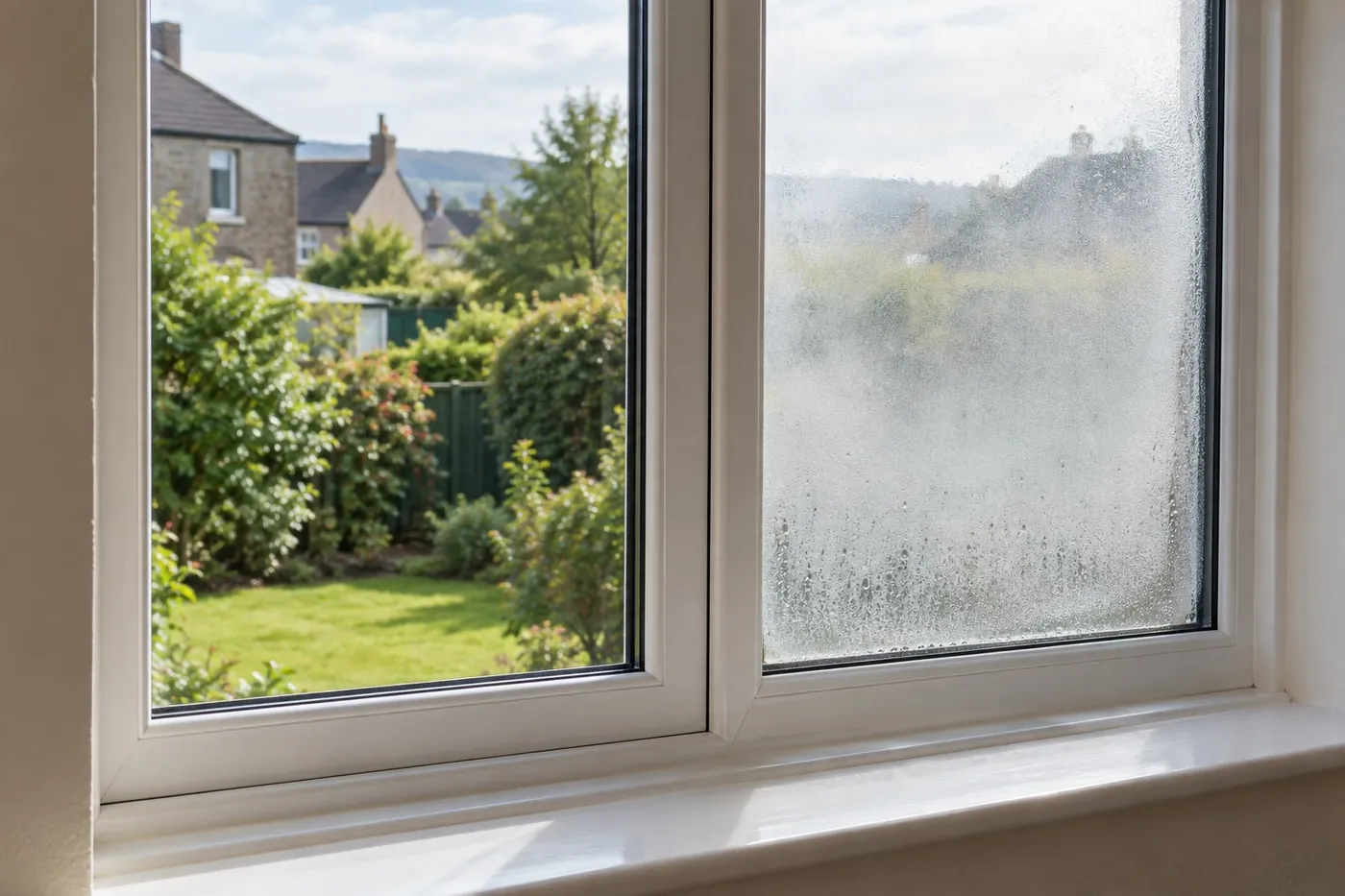 Misted double glazed unit beside a clear pane in a white uPVC window