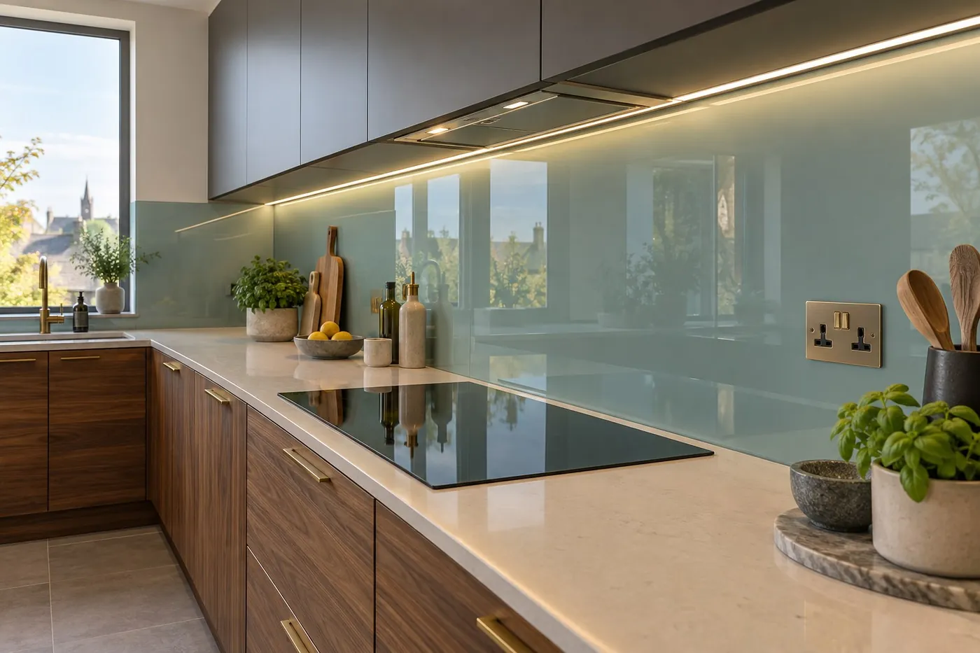 Sage green glass splashback behind an induction hob in a walnut kitchen