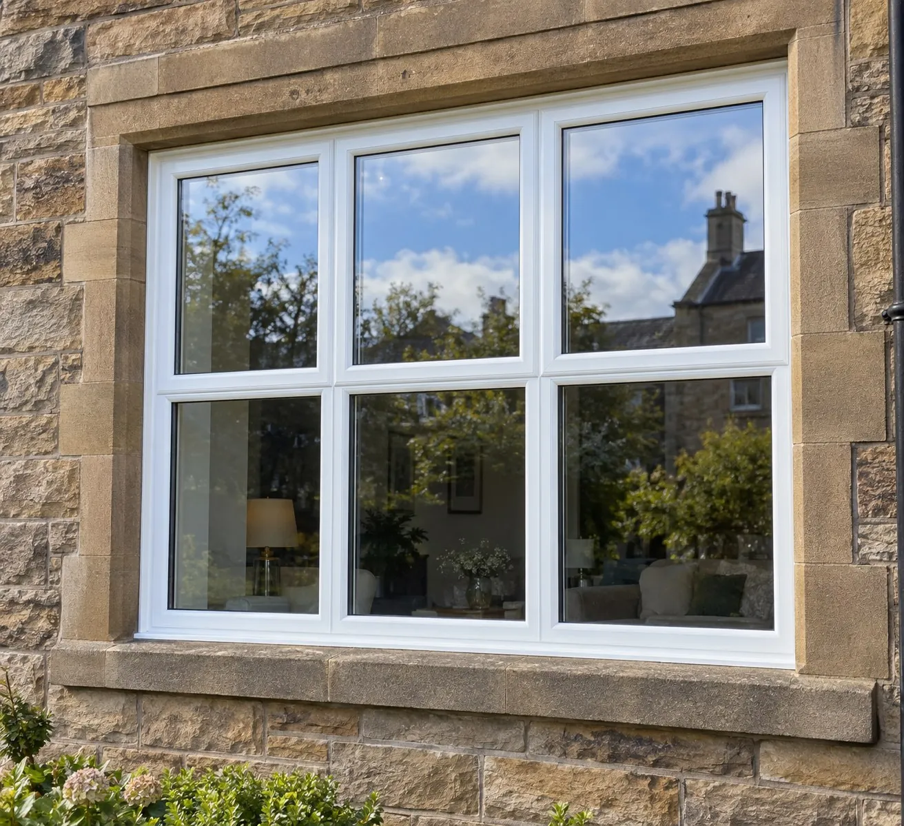 White uPVC casement windows with a six-pane layout in a sandstone wall