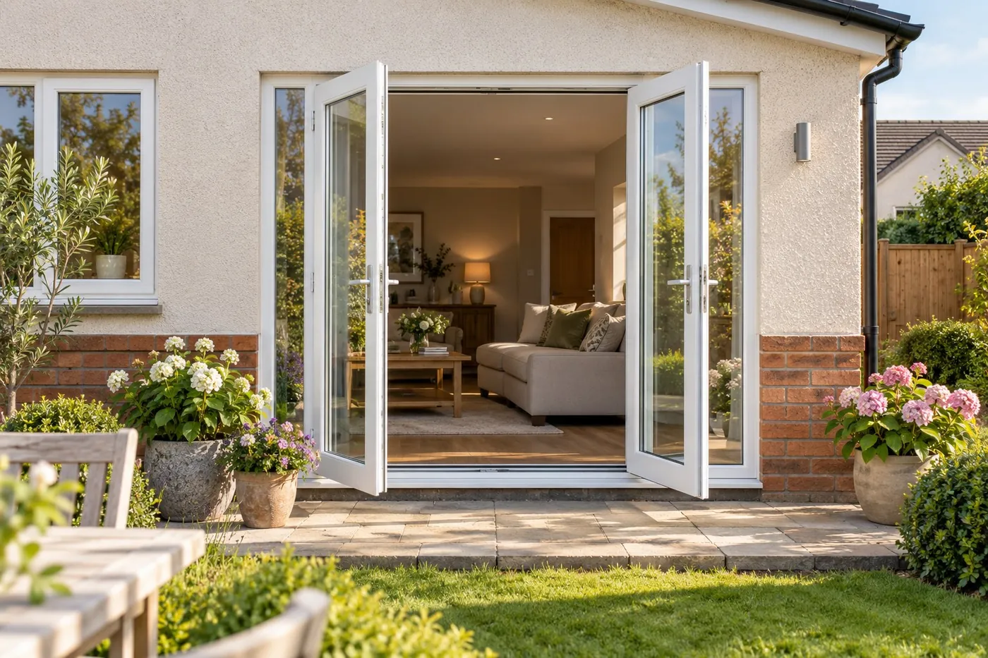 White uPVC French doors open onto a patio, with glazed side panels