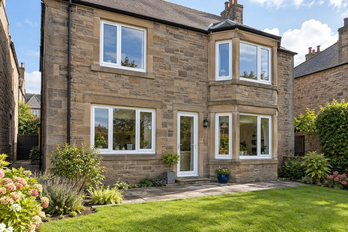 White uPVC windows and a glazed back door on a detached sandstone house